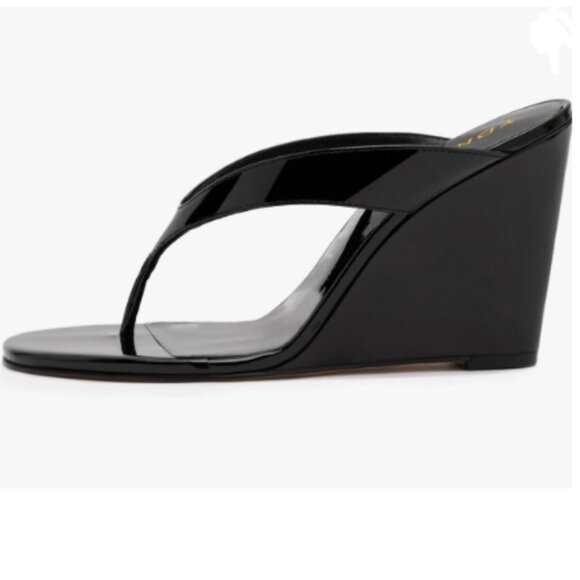 YDN Black Comfy Open Round Toe Flip Flops High Wedge Heel Dressy Thong Sandals - Picture 1 of 8